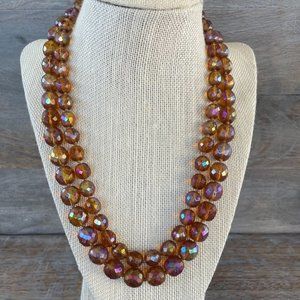 Vintage Faceted Amber Iridescent AB Crystal Glass Bead Double Strand Necklace
